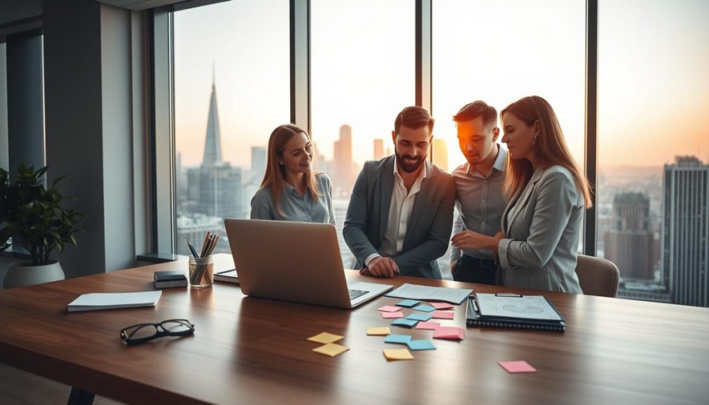 A Modern, Minimalist Office Interior With Large Windows Overlooking A Bustling City Skyline. In The Foreground, A Sleek Wooden Desk Adorned With A Laptop, A Few Carefully Curated Office Supplies, And An Array Of Colorful Sticky Notes. The Middle Ground Features A Group Of Professionals Huddled Around The Desk, Engaged In An Animated Discussion, Their Faces Expressing Deep Thought And Collaboration. In The Background, The City Skyline Is Bathed In Warm, Golden Light, Creating A Sense Of Productivity And Forward Momentum. The Composition Emphasizes The Importance Of Audience Insights, With The Professionals Appearing To Analyze Data And Strategize Ways To Address Their Audience'S Needs For Pr Success.