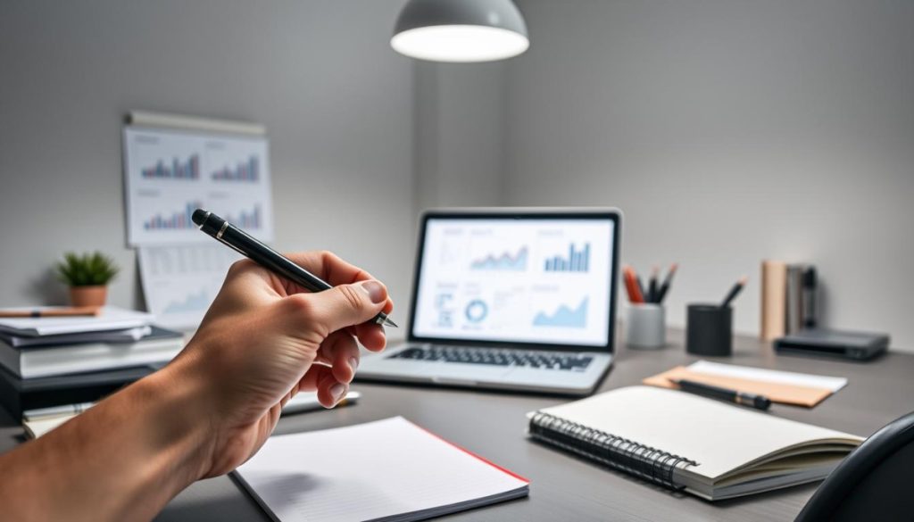A Modern, Minimalist Office Scene With A Desk, Laptop, And Various Office Supplies. In The Foreground, A Hand Holds A Pen And Notepad, Signifying The Act Of Data-Driven Story Pitching. The Middle Ground Features A Laptop Screen Displaying Charts And Graphs, Representing The Analytical, Data-Driven Approach. The Background Showcases A Clean, Well-Lit Space With Muted Colors, Creating A Professional And Focused Atmosphere. Soft, Directional Lighting From An Overhead Source Casts Subtle Shadows, Emphasizing The Thoughtful, Considered Nature Of The Story Pitching Process. The Overall Composition Conveys A Sense Of Efficiency, Organization, And A Keen Eye For Detail - The Essential Elements Of Effective Data-Driven Story Pitching.