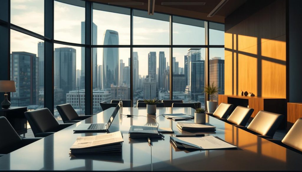 A Modern Office Interior With A Large Conference Table, Sleek Furniture, And Floor-To-Ceiling Windows Overlooking A Bustling City Skyline. The Room Is Bathed In Warm, Directional Lighting That Casts Dramatic Shadows, Creating A Sense Of Depth And Dynamism. On The Table, Various Business-Related Objects Are Arranged In A Visually Appealing Manner, Including A Laptop, A Stack Of Documents, A Pen, And A Small Potted Plant. The Overall Atmosphere Conveys A Professional Yet Innovative Environment, Where Strategic Business Growth Can Be Discussed And Planned.