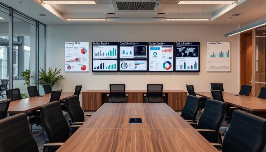 A Modern Office Interior With A Large Desk, Ergonomic Chairs, And A Wall-Mounted Display Showcasing Various Industry Case Studies. The Space Is Well-Lit, With A Combination Of Natural And Artificial Lighting Creating A Professional Atmosphere. Subtle Textures On The Furniture And Walls Add Depth, While Clean Lines And A Minimalist Design Evoke A Sense Of Efficiency And Innovation. The Displayed Case Studies Feature Detailed Infographics, Charts, And Graphs, Presenting Complex Data In A Visually Engaging Manner. The Overall Scene Conveys A Collaborative And Data-Driven Approach To Industry-Specific Problem-Solving.