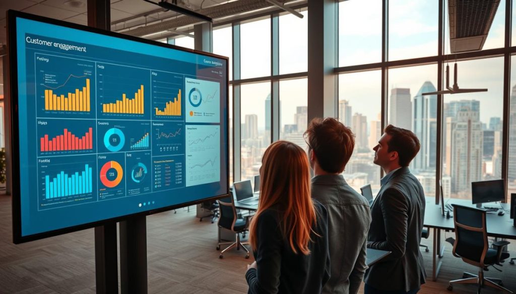 A Modern Office Interior With A Large Touchscreen Display Showcasing Customer Engagement Analytics. The Screen Displays Graphs, Charts, And Data Visualizations Highlighting Customer Behavior Insights. The Foreground Features A Team Of Business Professionals Intently Studying The Display, Their Expressions Engaged And Thoughtful. The Middle Ground Shows Ergonomic Workstations And Collaboration Spaces, While The Background Reveals Floor-To-Ceiling Windows Overlooking A Bustling City Skyline. Warm, Directional Lighting Casts A Refined, Professional Atmosphere, With A Sense Of Innovation And Discovery Permeating The Scene.