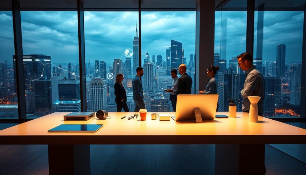 A Modern Office Interior With Floor-To-Ceiling Windows Overlooking A Bustling Cityscape. In The Foreground, A Sleek, Minimalist Desk With A Laptop, Tablet, And Various Iot Devices Prominently Displayed. The Lighting Is A Mix Of Warm, Natural Daylight And Cool, Ambient Lighting, Creating A Professional Yet Dynamic Atmosphere. On The Wall Behind The Desk, A Large, Seamless Digital Display Shows Graphs, Charts, And Visualizations Illustrating The Growth And Success Of The Iot-Enabled Business. In The Middle Ground, Several Employees Engage In Collaborative Discussions, Their Expressions Focused And Determined. The Background Depicts The City Skyline, With Towering Skyscrapers And A Vibrant, Connected Urban Landscape.