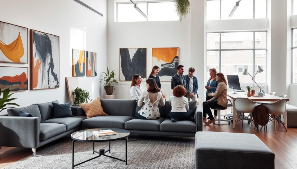 A Modern Office Interior With Natural Lighting Streaming Through Large Windows. On The Walls, A Series Of Abstract Paintings And Photographic Prints That Convey A Sense Of Authenticity And Emotional Resonance. In The Foreground, A Slate-Gray Sofa And Coffee Table, With Carefully Curated Design Elements That Suggest A Cohesive Brand Narrative. The Middle Ground Features A Group Of Professionals Engaged In Lively Discussion, Their Expressions And Body Language Radiating A Genuine, Unscripted Energy. The Background Showcases A Minimalist, Clean-Lined Workspace, Hinting At The Strategic And Thoughtful Approach To The Brand'S Public Relations Efforts.