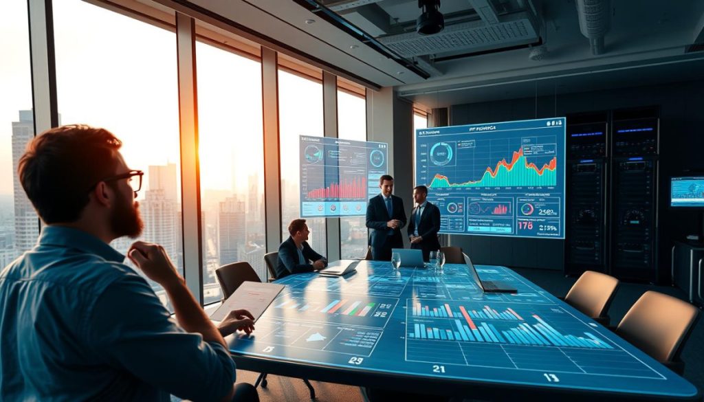A Modern Office Interior With Panoramic Windows Overlooking A Bustling City Skyline. In The Foreground, A Data Analyst Intently Studying A Large Interactive Dashboard Displaying Complex Predictive Analytics Models And Forecast Visualizations. The Middle Ground Features A Team Of Pr Professionals Collaborating Around A Conference Table, Engaged In Animated Discussions As They Review The Insights Generated By The Ai-Powered Analytics. The Background Showcases Cutting-Edge Technology And Equipment, Including Server Racks, Holographic Displays, And Advanced Workstations. Warm, Subtle Lighting Casts A Professional, Collaborative Atmosphere, While The Overall Scene Conveys A Sense Of Innovation, Data-Driven Decision Making, And The Seamless Integration Of Predictive Analytics Into The Modern Pr Workflow.