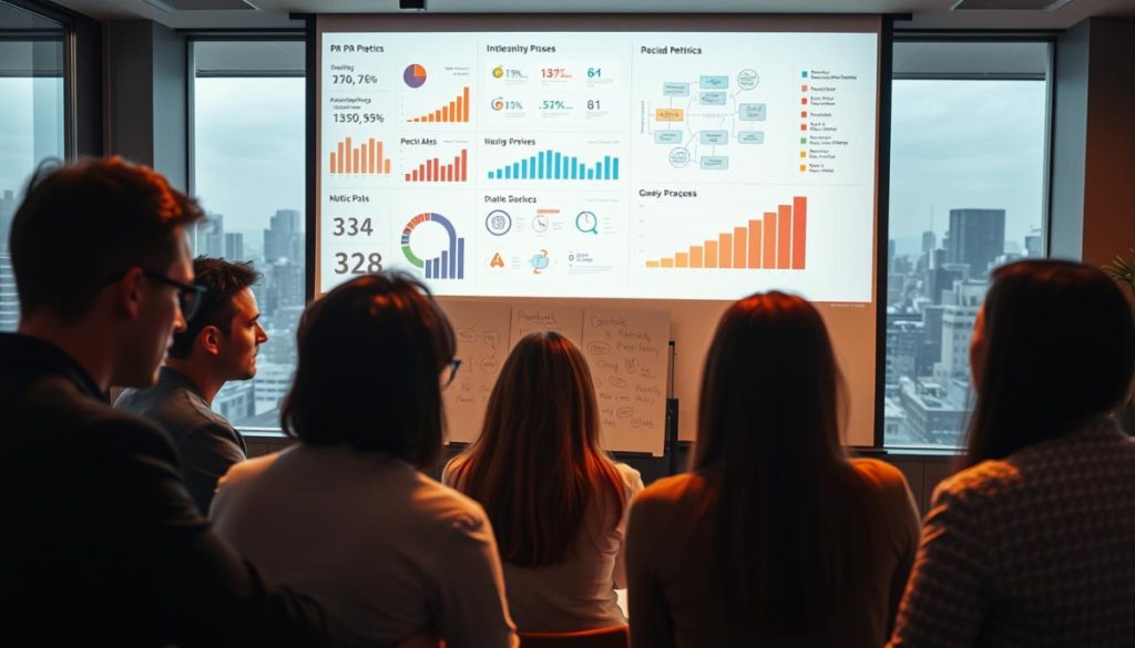 A Modern Office Setting With A Large Projection Screen Displaying Various Pr-Related Metrics And Analytics. In The Foreground, A Team Of Marketing Professionals Intently Examining The Data, Their Faces Lit By The Screen'S Glow. The Middle Ground Features A Whiteboard Covered In Brainstormed Ideas And Strategies, While The Background Showcases A Cityscape Through The Office Windows, Hinting At The Broader Impact Of These Pr Efforts. The Lighting Is Warm And Focused, Creating A Sense Of Concentration And Purposeful Activity. The Scene Conveys The Strategic And Data-Driven Nature Of Effective Pr Campaigns And Their Influence On Shaping Brand Sentiment.