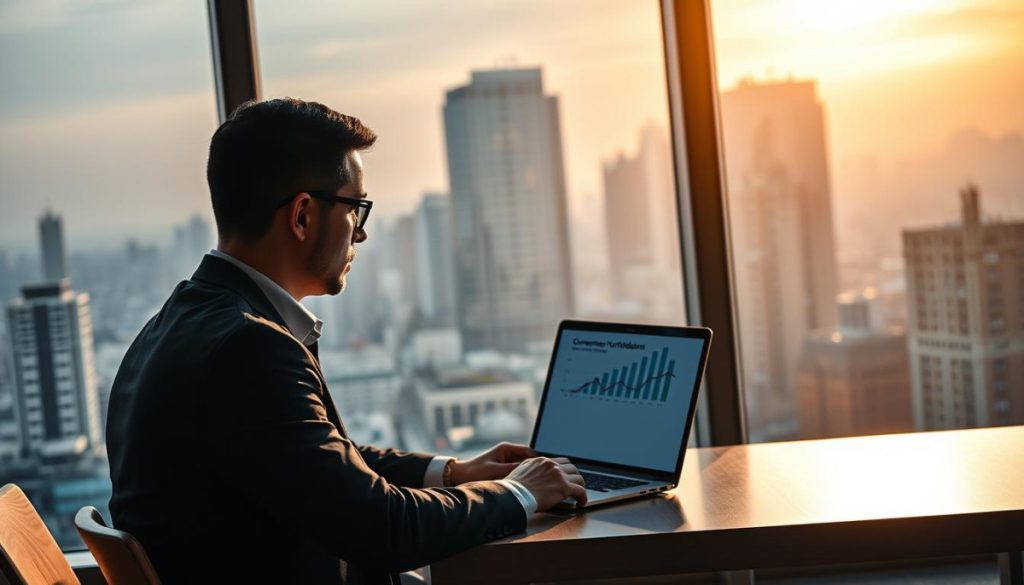 A Modern Office Setting With A Large Window Overlooking A Bustling City Skyline. On The Desk, A Laptop Displays A Presentation Slide With A Graph Showing Consumer Confidence Trends. In The Foreground, A Well-Dressed Professional Analyzes The Data, Deep In Thought. Warm, Directional Lighting Illuminates The Scene, Casting Subtle Shadows That Convey A Contemplative Atmosphere. The Overall Tone Suggests A Strategic Approach To Leveraging Economic Insights For Effective Public Relations. Detailed, Photorealistic Rendering With A Focus On Accuracy And Clarity.