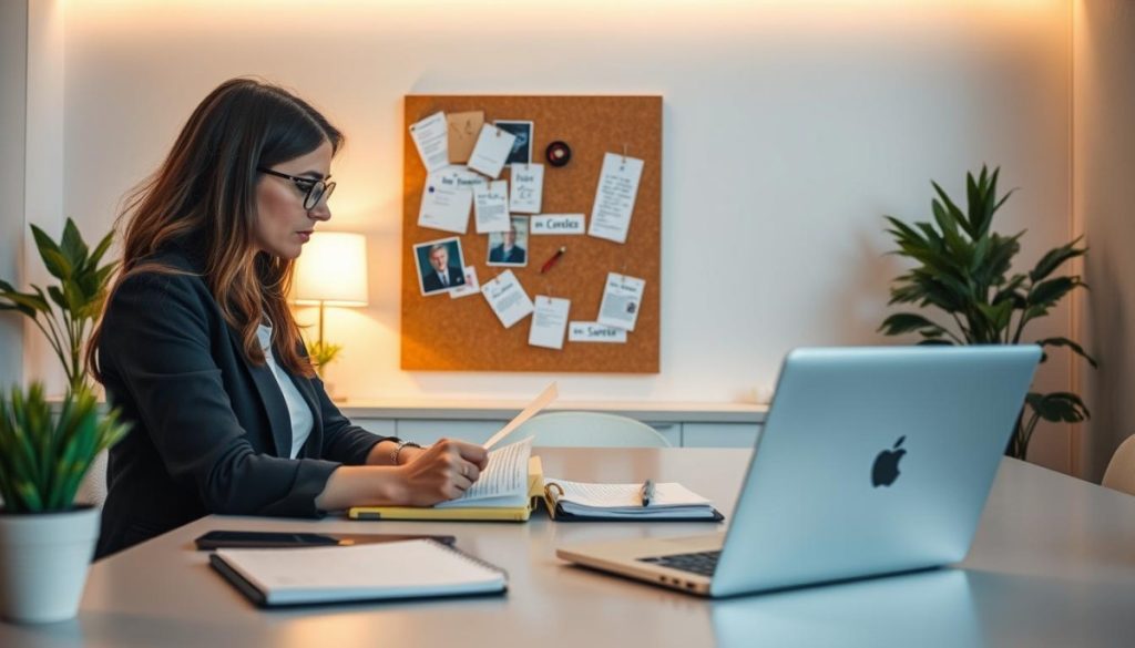 A Modern Office Setting With A Professional Woman At A Desk, Deep In Thought As She Plans Her Media Relationship Strategy. Soft, Warm Lighting Illuminates The Scene, Creating A Contemplative Atmosphere. In The Foreground, Her Laptop And Notebook Are Neatly Arranged, Hinting At The Detailed Research And Planning Involved. The Middle Ground Features A Corkboard With Notes, Clippings, And Contact Information, Symbolizing The Connections She Is Building. The Background Showcases A Sleek, Minimalist Design With Subtle Branding Elements, Conveying A Sense Of Professionalism And Expertise. The Overall Composition Emphasizes The Importance Of Cultivating Meaningful Relationships In The Media Landscape.