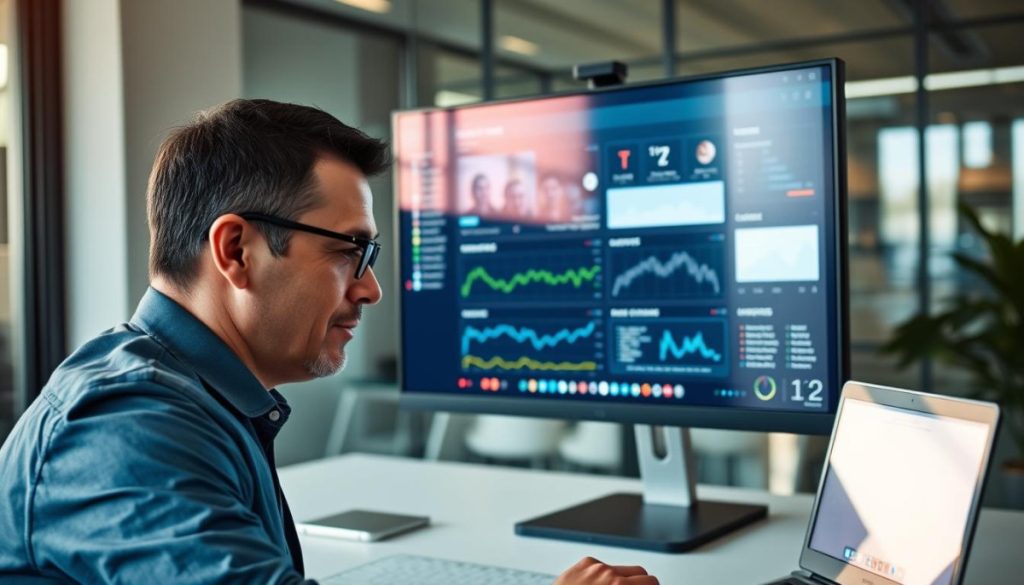 A Modern Office Workspace With A Large Desktop Computer Displaying A Media Monitoring Dashboard. The Screen Shows Real-Time Updates, Analytics, And Insights From Various News Sources And Social Media Platforms. In The Foreground, An Executive Or Pr Professional Closely Examines The Data, Their Expression One Of Focused Engagement. The Lighting Is Soft And Natural, Casting A Warm Glow Across The Scene. The Overall Atmosphere Conveys A Sense Of Efficiency, Technology-Enabled Insights, And The Ability To Stay Ahead Of The Curve In Media Monitoring Without Tedious Manual Effort.
