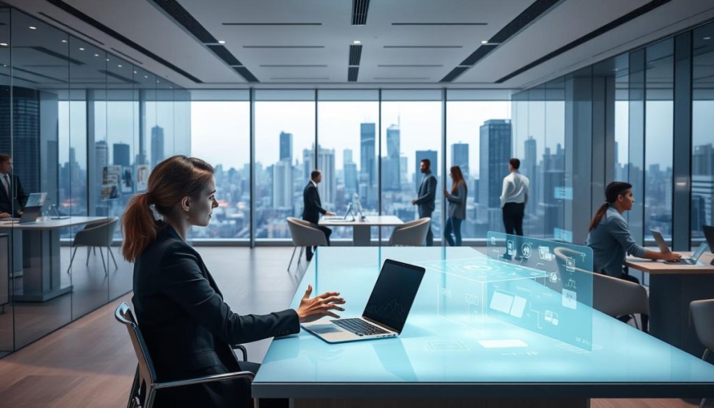 A Modern Open-Plan Office With Sleek Glass Walls And Minimalist Furniture. In The Foreground, An Executive Sits At A Desk, Hands Gesturing As She Engages With A Holographic Display Projected Above Her Laptop. Surrounding Her, Teams Of Professionals Collaborate Seamlessly, Sharing Data And Documents Through Touch-Enabled Surfaces And Virtual Whiteboards. Soft, Diffused Lighting Emanates From Concealed Fixtures, Creating A Calm, Productive Atmosphere. In The Background, Large Windows Overlook A Bustling City Skyline, Blending The Digital And Physical Realms. The Scene Conveys The Seamless Integration Of Ai-Powered Automation, Transforming The Future Of Public Relations Into An Efficient, Collaborative, And Tech-Driven Industry. A Modern Open-Plan Office With Sleek Glass Walls And Minimalist Furniture. In The Foreground, An Executive Sits At A Desk, Hands Gesturing As She Engages With A Holographic Display Projected Above Her Laptop. Surrounding Her, Teams Of Professionals Collaborate Seamlessly, Sharing Data And Documents Through Touch-Enabled Surfaces And Virtual Whiteboards. Soft, Diffused Lighting Emanates From Concealed Fixtures, Creating A Calm, Productive Atmosphere. In The Background, Large Windows Overlook A Bustling City Skyline, Blending The Digital And Physical Realms. The Scene Conveys The Seamless Integration Of Ai-Powered Automation, Transforming The Future Of Public Relations Into An Efficient, Collaborative, And Tech-Driven Industry.