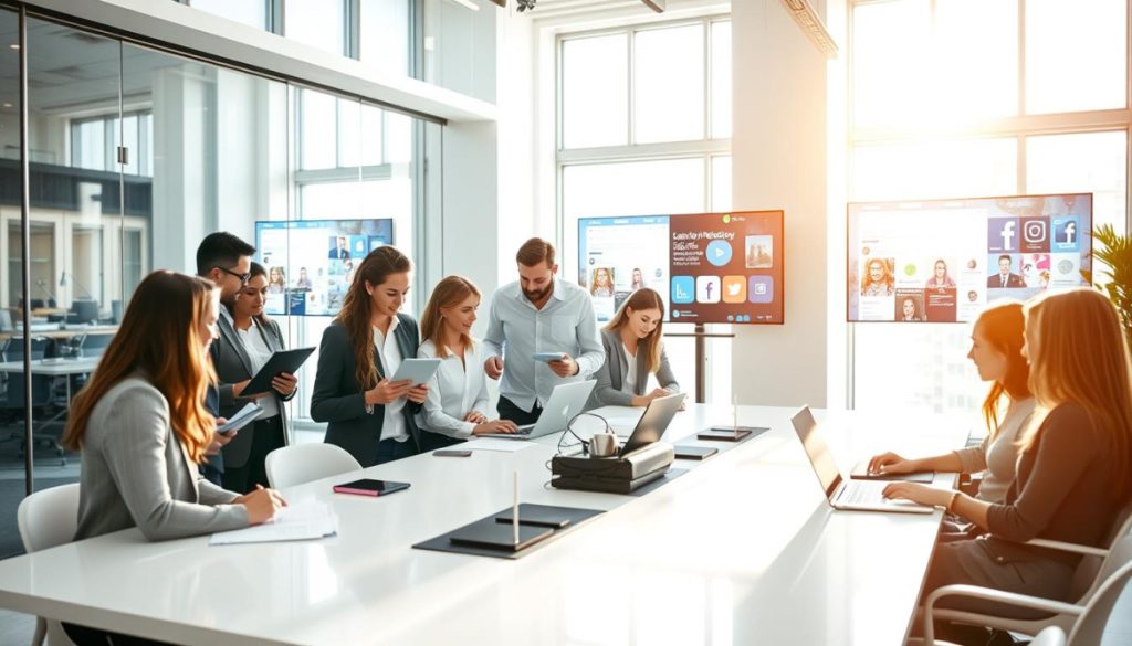 A Modern Professional Office Space, Bright And Airy, With Clean Lines And Minimalist Decor. In The Foreground, A Team Of Young, Dynamic Pr Executives Huddle Around A Sleek Conference Table, Laptops And Notepads In Hand, Engaged In A Lively Discussion. Overhead, Soft, Natural Lighting Filters In Through Large Windows, Casting A Warm Glow On The Scene. In The Background, The Latest Social Media Platforms Are Displayed On Screens, Reflecting The Team'S Focus On Digital Pr Strategies. The Atmosphere Conveys A Sense Of Innovation, Collaboration, And A Forward-Thinking Approach To Public Relations In The Digital Age.