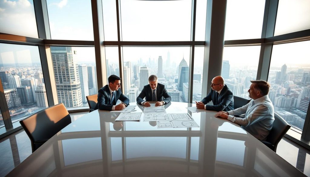 A Modern, Sleek Conference Room With Panoramic Windows Overlooking A Bustling City Skyline. A Panel Of Respected Engineering Experts Sit Around A Glossy Table, Engaged In An Intense Discussion. Warm, Directional Lighting Highlights Their Focused Expressions And Technical Diagrams Spread Out Before Them. The Camera Captures The Scene From A High Angle, Conveying A Sense Of Authority And Credibility. The Room'S Minimalist Design And High-End Furnishings Exude An Atmosphere Of Professionalism And Technical Mastery. This Image Embodies The Trust And Expertise That Engineering Commentary Can Lend To Media Coverage.