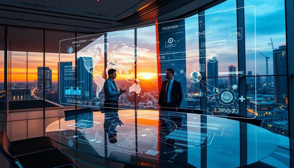 A Modern, Sleek Office Interior With A Futuristic Edge. In The Foreground, A Holographic Display Projects A Complex Supply Chain Visualization, With Real-Time Data And Analytics. In The Middle Ground, A Team Of Business Executives And Supply Chain Managers Collaborate Around A Curved Glass Conference Table, Studying The Holographic Display Intently. The Background Features Floor-To-Ceiling Windows Overlooking A Bustling Cityscape, With The Warm Glow Of Sunset Filtering In. The Lighting Is A Balanced Mix Of Natural And Artificial, Creating A Sense Of Technological Sophistication. The Overall Mood Is One Of Innovation, Efficiency, And The Transformative Power Of Ai In Optimizing Supply Chain Operations. A Modern, Sleek Office Interior With A Futuristic Edge. In The Foreground, A Holographic Display Projects A Complex Supply Chain Visualization, With Real-Time Data And Analytics. In The Middle Ground, A Team Of Business Executives And Supply Chain Managers Collaborate Around A Curved Glass Conference Table, Studying The Holographic Display Intently. The Background Features Floor-To-Ceiling Windows Overlooking A Bustling Cityscape, With The Warm Glow Of Sunset Filtering In. The Lighting Is A Balanced Mix Of Natural And Artificial, Creating A Sense Of Technological Sophistication. The Overall Mood Is One Of Innovation, Efficiency, And The Transformative Power Of Ai In Optimizing Supply Chain Operations.