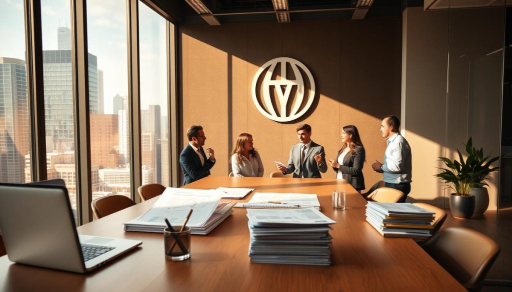 A Modern, Sleek Office Space With Floor-To-Ceiling Windows Overlooking A Bustling Cityscape. In The Foreground, A Large Table With A Laptop, A Stylish Pen Cup, And A Stack Of Documents, Suggesting A Strategic Planning Session. The Middle Ground Features A Team Of Professionals In Smart Casual Attire, Engaged In A Lively Discussion, With Gestures And Expressions Conveying The Energy Of A Collaborative Effort. The Background Showcases A Wall Adorned With An Impactful, Minimalist Brand Logo, Symbolizing The Focus On Consistent Global Brand Messaging. Warm, Directional Lighting Casts A Sense Of Professionalism And Purpose, While The Overall Scene Exudes An Atmosphere Of Growth, Progress, And Unity.