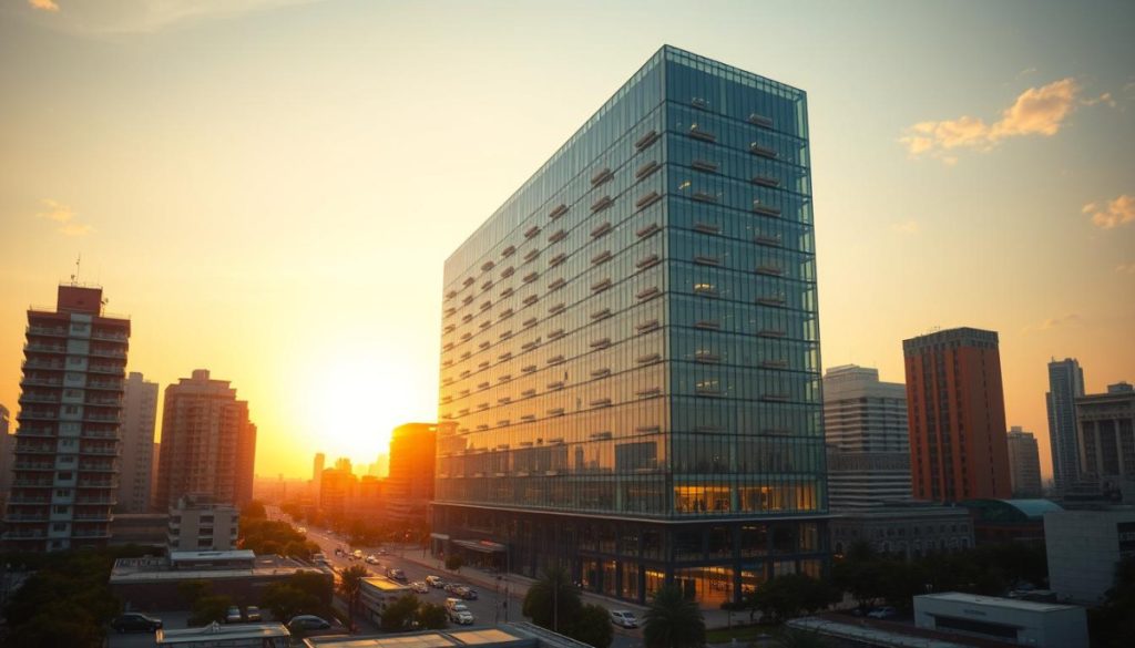 A Modern, Sustainable Architectural Marvel Stands Tall, Its Sleek Glass And Steel Frame Reflecting The World Around It. The Building'S Clean Lines And Integration With Nature Create A Striking Visual Statement About The Power Of Green Design. Warm, Diffused Lighting Illuminates The Structure, Casting A Soft Glow That Highlights Its Energy-Efficient Features. In The Foreground, A Bustling Urban Landscape Unfolds, Showcasing How This Eco-Friendly Building Harmonizes With Its Surroundings. The Composition Conveys A Sense Of Harmony, Progress, And The Positive Impact Of Sustainable Architecture On The Built Environment.