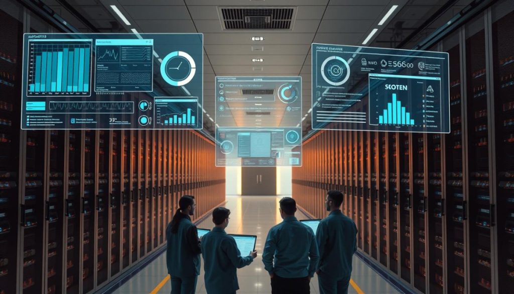 A Modern, Well-Equipped Data Center With Rows Of Server Racks Bathed In A Soft, Ambient Glow. Sleek, Minimalist Design With Clean Lines And A Focus On Efficiency. Diagnostic Tools And Monitoring Interfaces Displayed On Holographic Screens, Providing Real-Time Insights Into System Performance And Health. A Team Of It Professionals In The Foreground, Analyzing Data And Collaborating To Optimize Operations. The Overall Atmosphere Is One Of Technological Sophistication, Control, And A Relentless Pursuit Of Peak Operational Effectiveness.