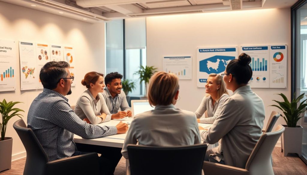 A Modern, Well-Lit Office Interior With A Team Of Diverse Professionals Gathered Around A Table, Engaged In A Lively Discussion. The Scene Exudes An Atmosphere Of Confidence, Collaboration, And A Palpable Sense Of Purpose. Strategically Placed Visual Aids On The Walls And Tabletop, Including Data Visualizations And Infographics, Help Illustrate The Pr Strategies Being Discussed. Warm, Directional Lighting Casts A Glow On The Participants, Creating A Sense Of Focus And Professionalism. The Camera Angle Is A Slightly Elevated Perspective, Capturing The Dynamic Energy Of The Team As They Work To Bolster Workforce Confidence During Challenging Economic Times.