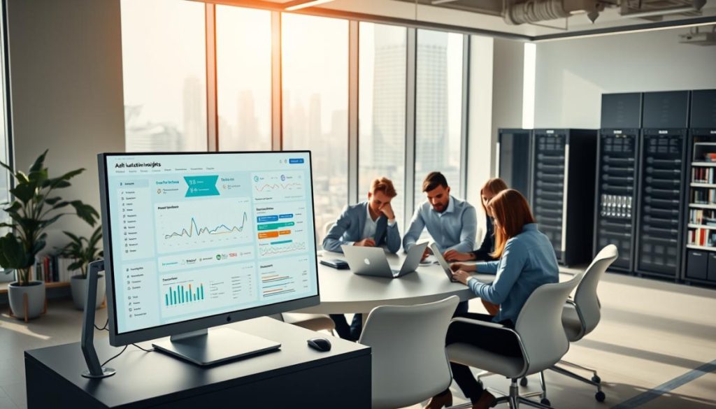 A Modern, Well-Lit Office Space With Sleek, Minimalist Furniture And A Large Window Overlooking A Bustling Cityscape. In The Foreground, A Desktop Computer Displays A Comprehensive Dashboard Of Audit Automation Insights, With Real-Time Data Visualizations, Ai-Powered Anomaly Detection, And Streamlined Reporting Tools. The Middle Ground Features A Team Of Auditors Collaborating Around A Conference Table, Intently Studying The Insights On Their Laptops And Tablets. In The Background, A Bookshelf Filled With Industry-Relevant Literature And A State-Of-The-Art Server Rack Hint At The Technological Prowess Supporting The Audit Automation Process. The Overall Atmosphere Conveys A Sense Of Efficiency, Data-Driven Decision-Making, And A Forward-Thinking Approach To Modern Audit Practices.