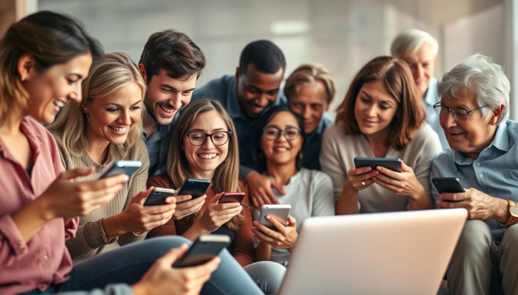 A Multi-Generational Group Of People Communicating Across Various Digital Devices And Platforms, Creating A Vibrant Tapestry Of Interconnected Relationships. The Foreground Features A Diverse Array Of Smartphones, Tablets, And Laptops, Showcasing The Use Of Contemporary Communication Tools. The Middle Ground Depicts Individuals Of Varying Ages, From Young Millennials To Senior Citizens, Engaged In Lively Discourse, Their Expressions Conveying A Sense Of Understanding And Connection. The Background Blurs Into A Softly Lit, Abstract Setting, Symbolizing The Boundless Nature Of Modern Communication. Warm Lighting And Muted Tones Evoke A Sense Of Harmony And Empathy, Highlighting The Importance Of Adaptable, Generational-Focused Pr Messaging.