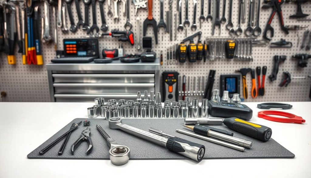A Neatly Arranged Display Of Professional Automotive And Machinery Service Tools On A Clean, Well-Lit Workbench. In The Foreground, A Set Of Precision Screwdrivers, Pliers, And A Torque Wrench Sits Atop A Grey Mat. In The Middle Ground, Various Socket Wrenches, Ratchets, And Diagnostic Equipment Are Organized In A Tool Chest With A Metal Finish. The Background Features A Wall Of Pegboard With Hanging Hooks Supporting An Assortment Of Specialized Tools, Creating A Sense Of A Well-Equipped, Modern Workshop. The Lighting Is Bright And Directional, Highlighting The Metallic Sheen Of The Tools And Creating Defined Shadows, Conveying A Sense Of High-Quality Craftsmanship And Attention To Detail.