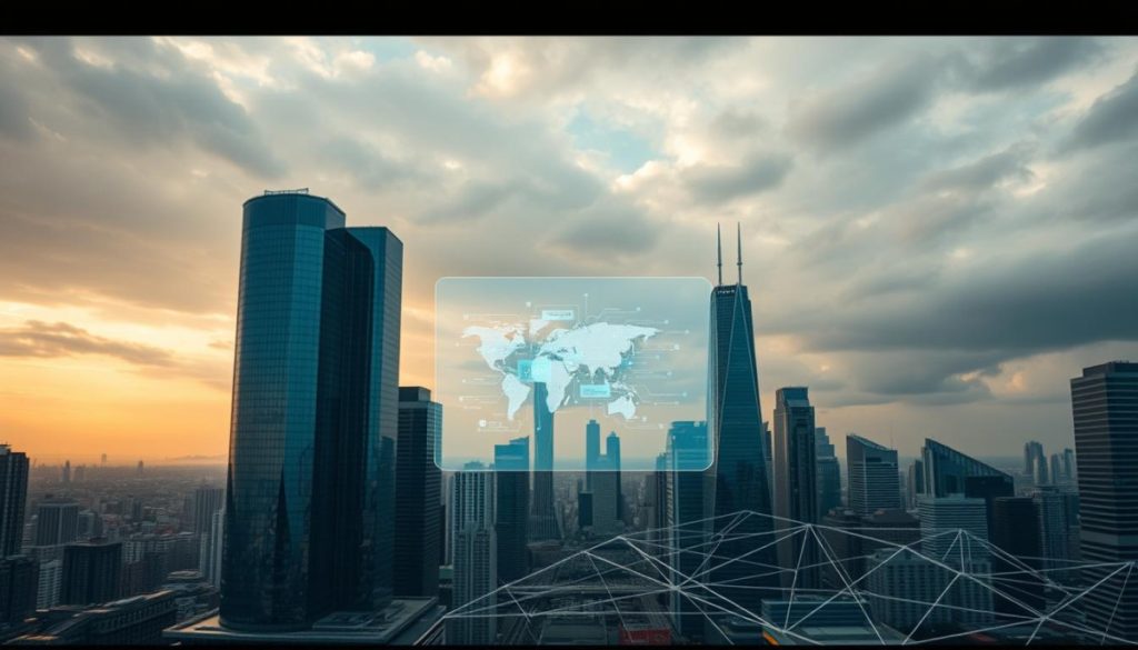A Panoramic Cityscape Featuring Towering Glass Skyscrapers, Their Gleaming Facades Reflecting The Vibrant Urban Landscape. In The Foreground, A Transparent Information Display Hovers, Showcasing A Visual Representation Of Data Flows And Connectivity. The Middle Ground Is Occupied By A Network Of Interlinking Pathways, Symbolizing The Seamless Exchange Of Intelligence. The Background Is A Moody, Atmospheric Sky, With Scattered Clouds And A Warm, Diffused Lighting That Casts A Sense Of Tranquility Over The Scene. The Overall Impression Conveys A Harmonious Balance Between Transparency, Privacy, And The Intelligent Integration Of Technology Within The Urban Environment.