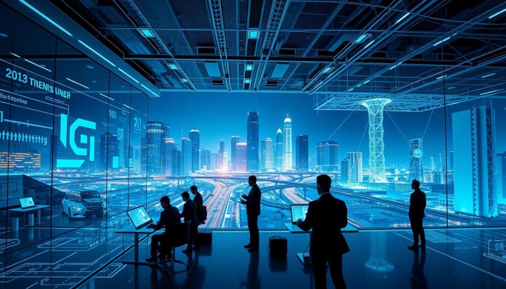 A Panoramic Scene Depicting The Digital Transformation Powered By Ai. In The Foreground, A Sleek, Ultramodern Office Space With Transparent Screens, Holographic Displays, And Employees Collaboratively Using Cutting-Edge Technology. The Middle Ground Features A Network Of Intelligent Systems, Data Centers, And Interconnected Devices, All Pulsing With Energy. The Background Showcases A Futuristic Cityscape, With Towering Skyscrapers, Autonomous Vehicles, And A Mesh Of Glowing Infrastructure. Lighting Is Cool And Crisp, With A Sense Of Dynamism And Progress. The Overall Atmosphere Conveys Innovation, Efficiency, And The Seamless Integration Of Ai-Driven Solutions In The Modern Digital Landscape.