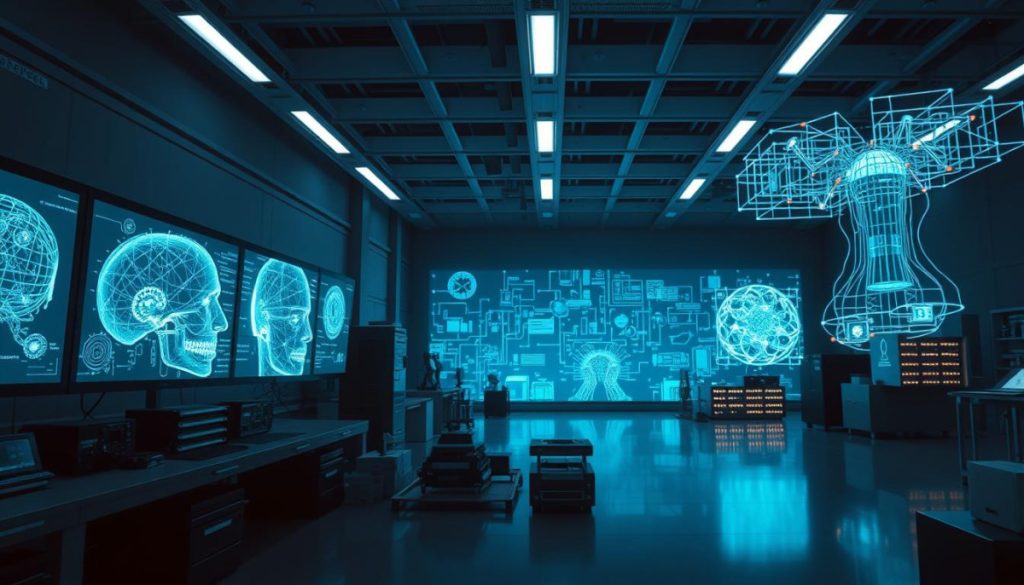 A Panoramic View Of A Futuristic Laboratory, Dimly Lit With A Soft, Glow-Like Lighting. In The Foreground, A Series Of Transparent Glass Screens Displays The Evolution Of Ai Models, Each Iteration More Advanced And Complex Than The Last. The Middle Ground Features An Array Of State-Of-The-Art Hardware And Equipment, Their Sleek Designs Hinting At The Cutting-Edge Technology At Work. In The Background, A Towering Holographic Visualization System Projects Stunning Visualizations Of Neural Network Architectures, Data Flows, And Performance Metrics, Offering A Glimpse Into The Inner Workings Of These Ai Models. The Overall Atmosphere Is One Of Scientific Progress, Innovation, And The Relentless March Of Technological Advancement.