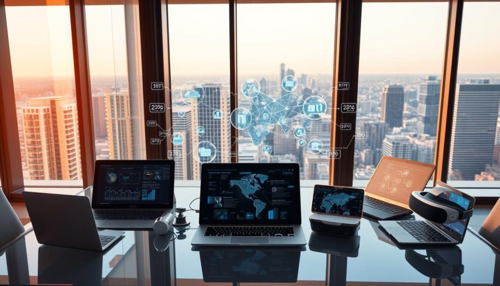 A Pristine Office Setting, Flooded With Warm, Natural Light From Large Windows. In The Foreground, An Array Of Cutting-Edge Digital Devices - Sleek Laptops, Touchscreen Tablets, And Futuristic Vr Headsets - Arranged Artfully On A Glass-Topped Desk. The Middle Ground Features A Holographic Display Projecting Intricate Data Visualizations And Interactive Software Interfaces. In The Background, A Panoramic View Of A Bustling Cityscape, Symbolizing The Dynamic, Technology-Driven World Of Digital Transformation. The Overall Atmosphere Exudes A Sense Of Innovation, Productivity, And The Seamless Integration Of Advanced Tools Empowering The Modern Digital Journey. A Pristine Office Setting, Flooded With Warm, Natural Light From Large Windows. In The Foreground, An Array Of Cutting-Edge Digital Devices - Sleek Laptops, Touchscreen Tablets, And Futuristic Vr Headsets - Arranged Artfully On A Glass-Topped Desk. The Middle Ground Features A Holographic Display Projecting Intricate Data Visualizations And Interactive Software Interfaces. In The Background, A Panoramic View Of A Bustling Cityscape, Symbolizing The Dynamic, Technology-Driven World Of Digital Transformation. The Overall Atmosphere Exudes A Sense Of Innovation, Productivity, And The Seamless Integration Of Advanced Tools Empowering The Modern Digital Journey.