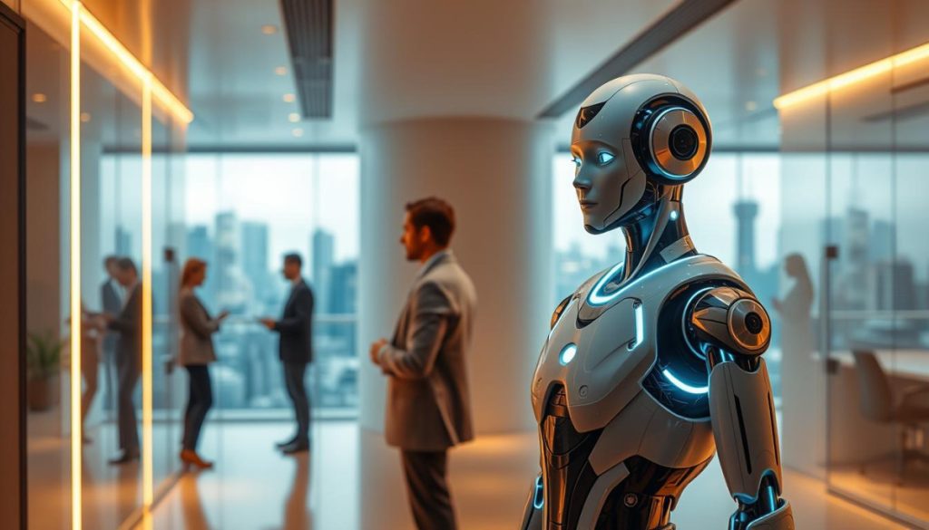 A Pristine, Ultramodern Office Environment, Bathed In Warm, Diffused Lighting. In The Foreground, A Sleek, Humanoid Ai Agent Stands, Its Expression One Of Serene Focus, Ready To Interface With Its Human Counterparts. The Agent'S Physical Form Is A Seamless Blend Of Advanced Robotics And Organic-Inspired Design, Conveying A Sense Of Technological Prowess And Approachability. In The Middle Ground, A Team Of Professionals Engage With The Ai, Their Body Language And Expressions Suggesting A Productive, Collaborative Dynamic. The Background Depicts A Panoramic City Skyline, Hinting At The Agent'S Far-Reaching Impact And Integration Within The Modern Workforce. The Overall Scene Radiates A Sense Of Harmony, Innovation, And The Symbiotic Relationship Between Human And Artificial Intelligence.