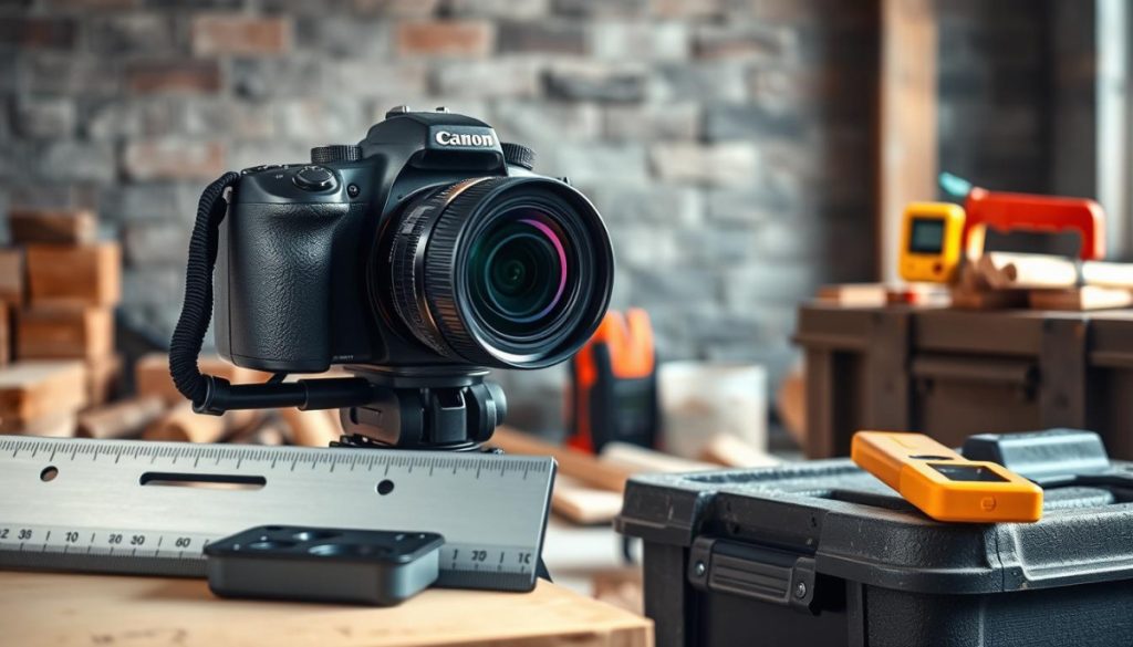 A Professional-Grade Construction Photography Setup, Featuring A High-Resolution Dslr Camera With A Wide-Angle Lens, Mounted On A Sturdy Tripod. The Foreground Showcases An Array Of Essential Tools: A Carpenter'S Square, A Laser Distance Meter, And A Heavy-Duty Toolbox. In The Middle Ground, Construction Materials Like Bricks, Mortar, And Freshly Cut Lumber Create A Textured Backdrop. Soft, Directional Lighting Accentuates The Details, Casting Dramatic Shadows And Highlighting The Rugged, Utilitarian Nature Of The Scene. The Overall Atmosphere Conveys A Sense Of Meticulous Planning, Technical Expertise, And The Attention To Detail Required For Documenting Construction Projects With Professional-Grade Visual Storytelling.