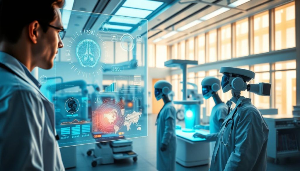 A Radiant Medical Facility Filled With Cutting-Edge Technology. In The Foreground, A Holographic Display Showcases Intricate Data Visualizations, Representing The Seamless Integration Of Ai And Healthcare Data. Doctors Examine The Insights, Their Faces Bathed In The Warm Glow Of The Display. In The Middle Ground, State-Of-The-Art Diagnostic Equipment And Robotic Surgical Assistants Work In Harmony, Pushing The Boundaries Of Modern Medicine. The Background Reveals An Airy, Well-Lit Atrium, With Floor-To-Ceiling Windows Allowing Natural Light To Flood The Space. The Atmosphere Is One Of Innovation, Efficiency, And A Profound Commitment To Patient-Centric Care.