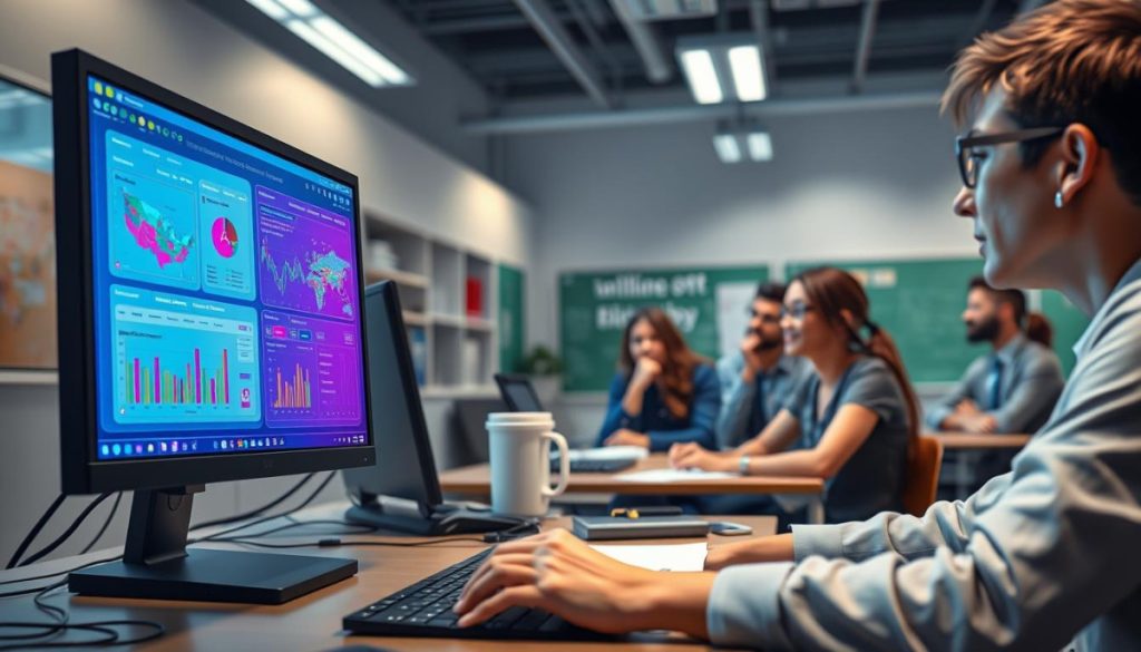 A Realistic Illustration Of Ai-Generated Content Validation, Showcasing A High-Tech Workspace With A Focus On Ethical Decision-Making. In The Foreground, A Computer Screen Displays A Visually Striking Interface For Analyzing And Validating Ai-Generated Content, With Vibrant Data Visualizations And Intuitive Controls. The Middle Ground Features A Team Of Researchers And Educators Engaged In Deep Discussions, Their Expressions Thoughtful And Attentive. The Background Depicts A Modern, Well-Lit Classroom Setting, Hinting At The Broader Educational Context Where These Ethical Considerations Take Place. The Overall Tone Conveys A Sense Of Diligence, Responsibility, And A Commitment To Ensuring The Responsible Use Of Ai In The Classroom.