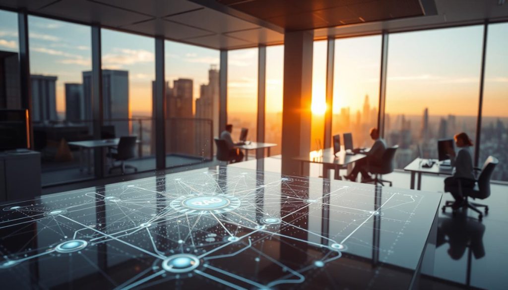 A Secure Data Integration System With Rag (Retrieval Augmented Generation) In A Sleek, Modern Office Setting. The Foreground Showcases A Holographic Display With Interconnected Data Flows, Protected By A Shimmering Force Field. In The Middle Ground, A Team Of Data Analysts Collaborate At Minimalist Workstations, Their Faces Reflected In The Polished Surfaces. The Background Reveals An Expansive Cityscape Through Floor-To-Ceiling Windows, Bathed In The Warm Glow Of A Golden Hour Sunset. The Scene Exudes A Sense Of Technological Prowess, Efficiency, And Robust Data Security.