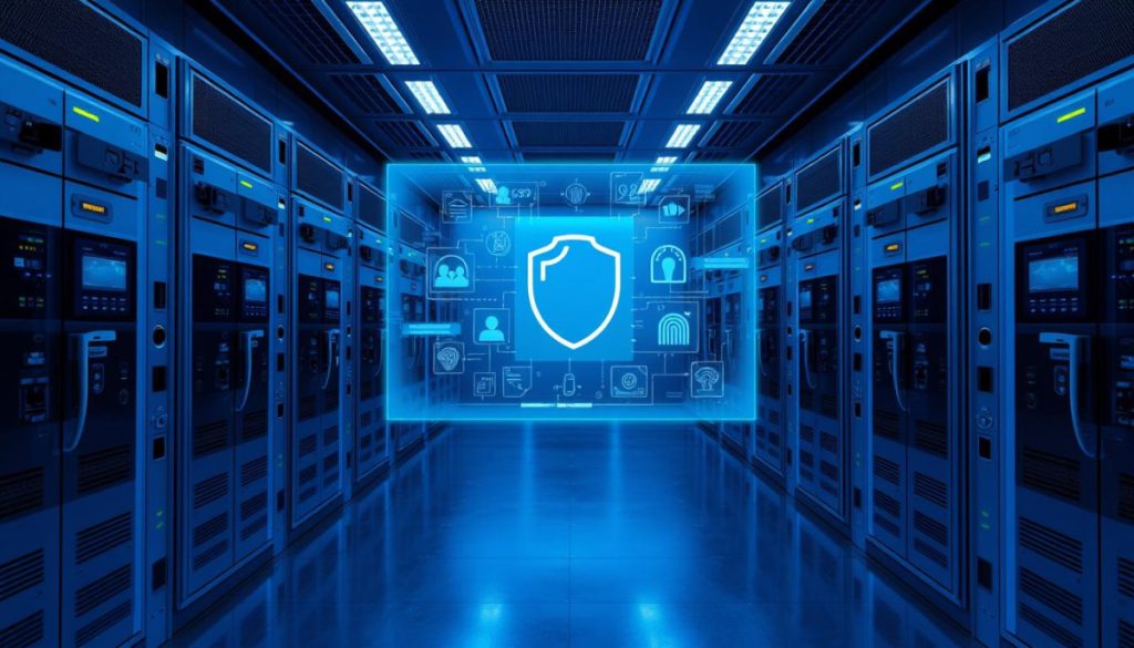 A Secure Server Room, Bathed In Cool Blue Hues, With A Grid Of High-Tech Access Control Panels On The Walls. Biometric Scanners, Fingerprint Readers, And Retinal Scanners Stand Guard, Ensuring Only Authorized Personnel Can Enter. The Room Is Pristine, With Sleek Metal Surfaces And A Subtle Glow From Status Indicators. In The Center, A Holographic Display Showcases Various Access Control Policies And Security Protocols, Reflecting The Latest Advancements In Ai-Driven Digital Security Solutions. The Atmosphere Conveys A Sense Of Technological Sophistication And Unwavering Protection, Perfectly Illustrating The Practical Implementation Of Ai Model Security Best Practices.