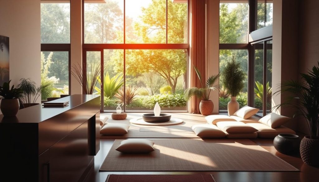 A Serene And Harmonious Scene Of A Holistic Wellness Center, With Natural Light Streaming Through Large Windows. In The Foreground, A Well-Appointed Reception Area With Clean Lines And Warm, Earthy Tones. In The Middle Ground, A Tranquil Meditation Space, With Plush Cushions And A Calming Water Feature. The Background Reveals A Lush, Verdant Garden Visible Through The Windows, Creating A Sense Of Connection To Nature. The Overall Atmosphere Evokes A Feeling Of Balance, Relaxation, And A Comprehensive Approach To Health And Well-Being.