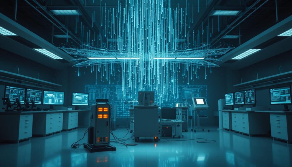 A Serene, Dimly Lit Laboratory Setting Showcases A Cutting-Edge Ai Data Retrieval System. In The Foreground, A Sleek, Metallic Device With Glowing Indicators Stands As The Focal Point, Tethered To A Series Of High-Resolution Monitors Displaying Intricate Data Visualizations. The Middle Ground Features An Array Of Specialized Scientific Instruments And Workstations, Their Soft, Ambient Lighting Reflecting Off The Smooth Surfaces. In The Background, A Vast, Ethereal Backdrop Of Cascading Data Streams And Holographic Interfaces Creates A Sense Of Depth And Technological Grandeur, Evoking The Complex And Dynamic Nature Of Ai-Driven Data Retrieval.