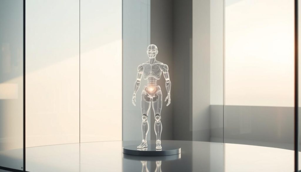 A Serene, Glass-Enclosed Space Where A Transparent, Holographic Ai System Stands As The Focal Point. Soft, Diffused Lighting Illuminates The Scene, Casting A Warm, Inviting Glow. The Ai Is Rendered With Intricate Details, Exuding A Sense Of Trust And Reliability. The Background Features A Minimalist, Modern Design, With Clean Lines And Muted Tones That Create A Calming, Contemplative Atmosphere. The Overall Composition Conveys A Harmonious Balance Between Technology And Human-Centric Values, Highlighting The Importance Of Transparency And Trust In The Responsible Development Of Ai.