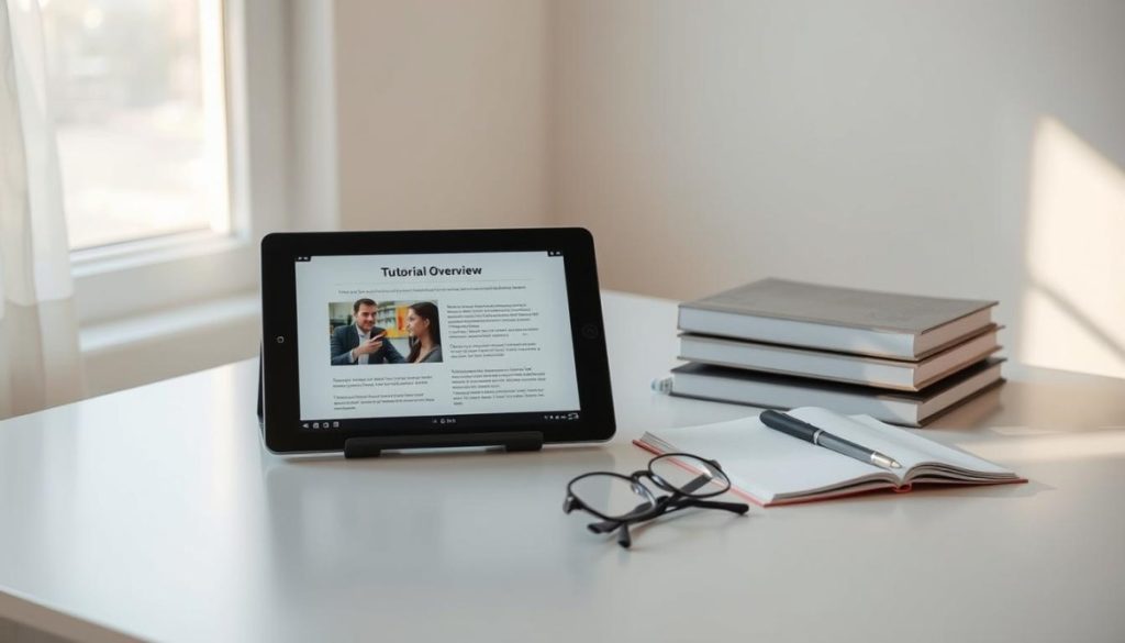 A Serene, Minimalist Workspace With A Clean Desk, A Tablet Displaying A Tutorial Interface, And A Neatly Organized Set Of Study Materials, Including Textbooks, Notes, And A Pair Of Glasses. Soft, Diffused Lighting From A Window Casts A Warm Glow, Emphasizing The Sense Of Focus And Concentration. The Scene Conveys A Professional, Educational Atmosphere, Ideal For Illustrating The &Quot;Tutorial Overview And Learning Objectives&Quot; Section Of The Article.