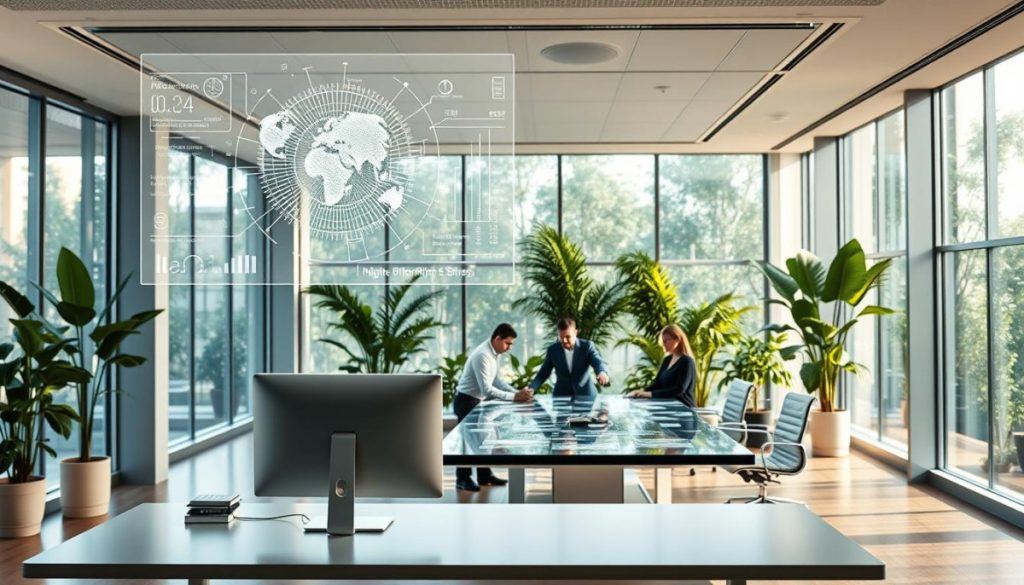 A Serene Office Interior, Bathed In Natural Light Filtering Through Panoramic Windows. In The Foreground, A Sleek, Minimalist Desk With A State-Of-The-Art Workstation. Floating Above It, Holographic Displays Showcase Intricate Ai Models And Data Visualizations, Illustrating Insights For Sustainable Business Strategies. The Middle Ground Features A Team Of Professionals Collaborating Around A Large Touchscreen Table, Immersed In Cutting-Edge Ai-Powered Analytics. In The Background, Lush Indoor Greenery And Subtle Ambient Lighting Create A Calming, Future-Forward Atmosphere Conducive To Innovation And Growth.