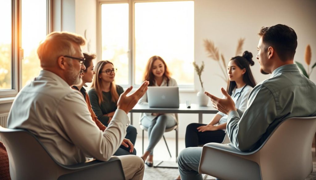 A Serene Office Setting With A Warm, Natural Lighting Filtering Through Large Windows. In The Foreground, A Healthcare Professional Sits Intently, Gesturing As They Tell A Captivating Story To A Small Group Of Attentive Listeners. Their Expressions Convey A Sense Of Engagement And Connection. The Middle Ground Features A Sleek, Modern Desk With A Laptop And Minimal Healthcare-Related Props, Hinting At The Professional Context. The Background Showcases A Minimalist, Earthy-Toned Decor, Creating A Calming, Holistic Atmosphere. The Overall Scene Exudes A Harmonious Blend Of Storytelling And Wellness, Inspiring The Viewer To Experience The Power Of Narrative In Healthcare Marketing.