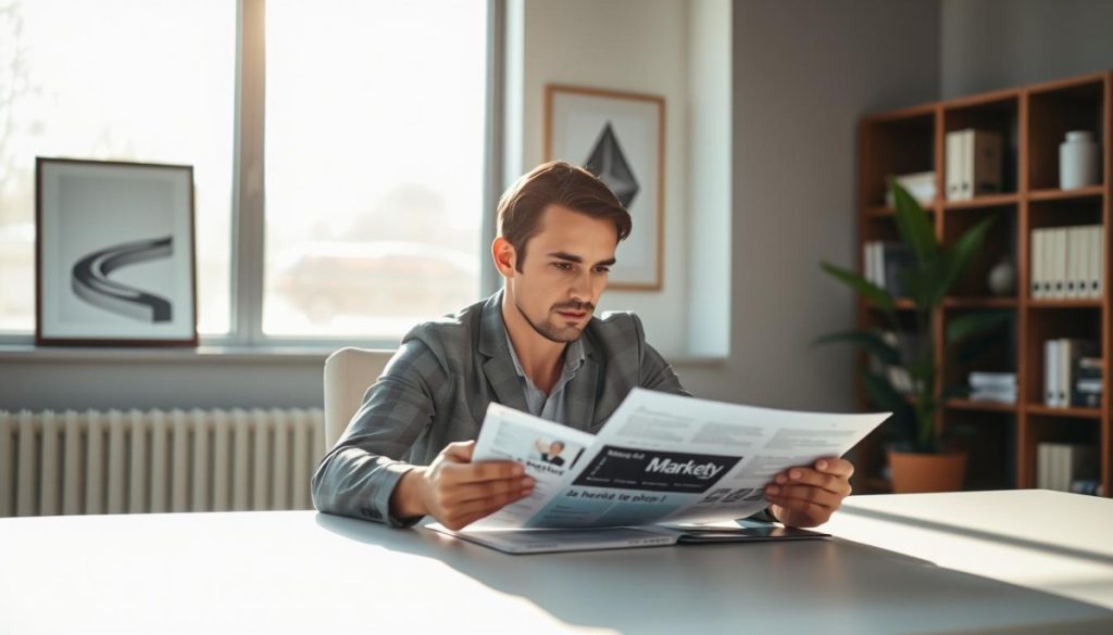 A Serene Office Space, Where A Professional Sits At A Sleek Desk, Meticulously Reviewing Marketing Content. Soft, Natural Lighting Filters Through Large Windows, Casting A Warm Glow On The Scene. The Walls Are Adorned With Minimalist Artwork, Exuding A Sense Of Trust And Credibility. The Person'S Expression Is One Of Focused Concentration, Their Brow Furrowed As They Scrutinize The Material Before Them. In The Background, A Bookshelf Filled With Reference Materials And A Potted Plant Add A Touch Of Greenery, Further Enhancing The Atmosphere Of Professionalism And Attention To Detail. The Overall Impression Is One Of A Thoughtful, Diligent Review Process That Ensures The Integrity Of The Marketing Content.