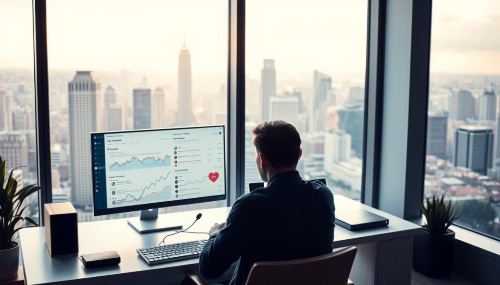 A Serene Office Space With A Large Window Overlooking A Bustling City Skyline. A Sleek, Minimalist Desk With A State-Of-The-Art Computer System, Its Screen Displaying Real-Time Social Media Analytics And Brand Mentions. The Lighting Is Soft And Warm, Casting A Gentle Glow Across The Workspace. In The Foreground, A Person Sits Intently, Analyzing The Data, Their Expression One Of Focused Concentration. The Atmosphere Conveys A Sense Of Control, Efficiency, And The Power Of Technology To Monitor And Protect A Brand'S Online Reputation.