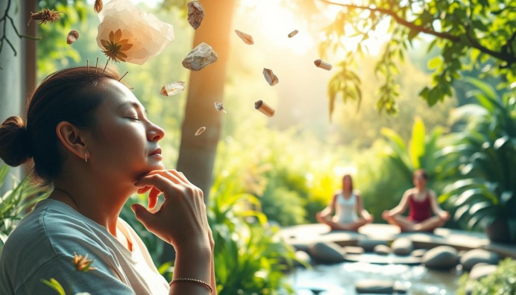 A Serene, Sun-Lit Garden Oasis Showcasing A Diverse Array Of Alternative Medicine Practices. In The Foreground, A Person Gently Administers Acupuncture, Their Face Focused And Calm. Floating Overhead, Holistic Herbs And Crystals Emanate A Soft, Ethereal Glow. In The Middle Ground, A Meditation Circle Is Formed, Individuals Seated In Lotus Position, Eyes Closed, Finding Inner Peace. The Background Features Lush Greenery, Flowing Water, And A Harmonious Fusion Of Eastern And Western Medicinal Traditions, Conveying A Sense Of Balance, Wellness, And The Integration Of Complementary Therapies.