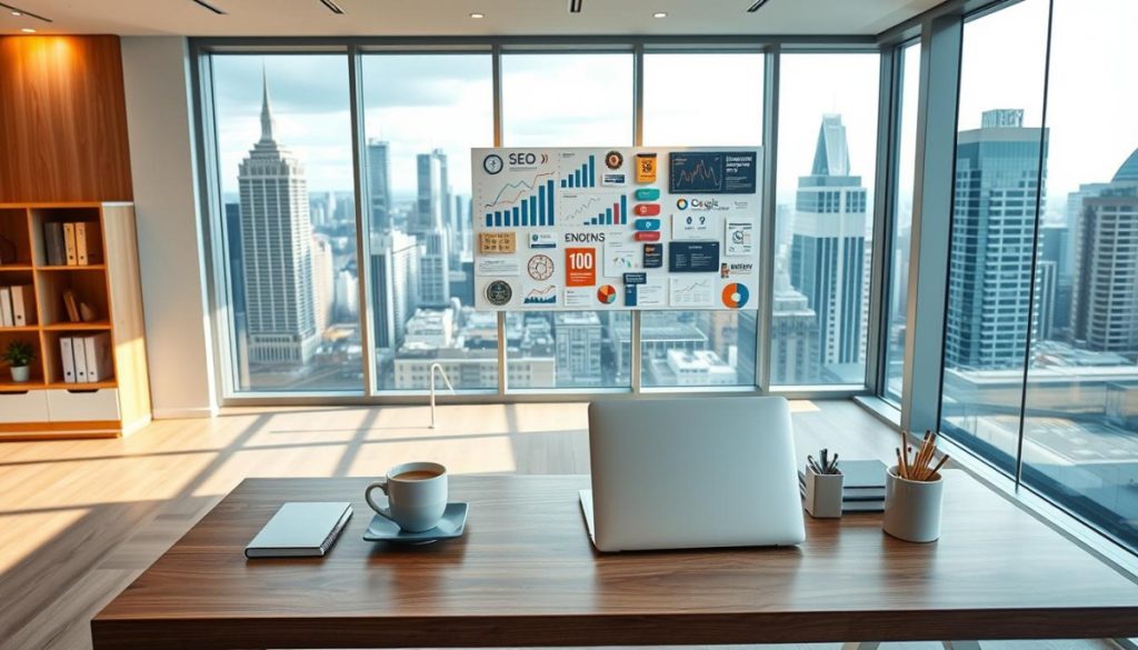A Serene, Well-Lit Office Interior With A Large Window Offering A Panoramic View Of A Bustling Cityscape. In The Foreground, A Wooden Desk With A Sleek, Minimalist Design Hosts A Laptop, A Cup Of Coffee, And An Array Of Neatly Arranged Office Supplies. The Middle Ground Features A Sophisticated Mood Board On The Wall, Displaying A Thoughtful Collage Of Digital Analytics Graphs, Social Media Icons, And Visual Branding Elements. The Background Showcases A Modern, Open-Concept Workspace With A Mix Of Natural And Artificial Lighting, Hinting At The Harmonious Integration Of Seo And Pr Strategies Within The Organization.