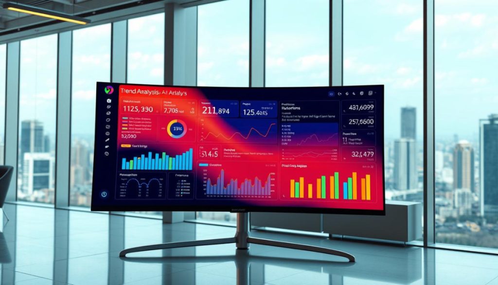 A Sleek, Ai-Powered Trend Analysis Dashboard Displayed On A High-Resolution Curved Ultrawide Monitor. The Interface Features An Intuitive Layout With Interactive Data Visualizations, Real-Time Metrics, And Predictive Analytics. Vibrant Colors And Clean Minimalist Design Create A Sophisticated, Futuristic Aesthetic. Backdrop Is A Modern Office Setting With Floor-To-Ceiling Windows Overlooking A Dynamic Cityscape. Soft, Directional Lighting Accentuates The Dashboard'S Features. Camera Angle Is Slightly Elevated, Providing A Comprehensive View Of The Intelligent Analytical System. An Atmosphere Of Data-Driven Insights And Strategic Decision-Making Permeates The Scene.