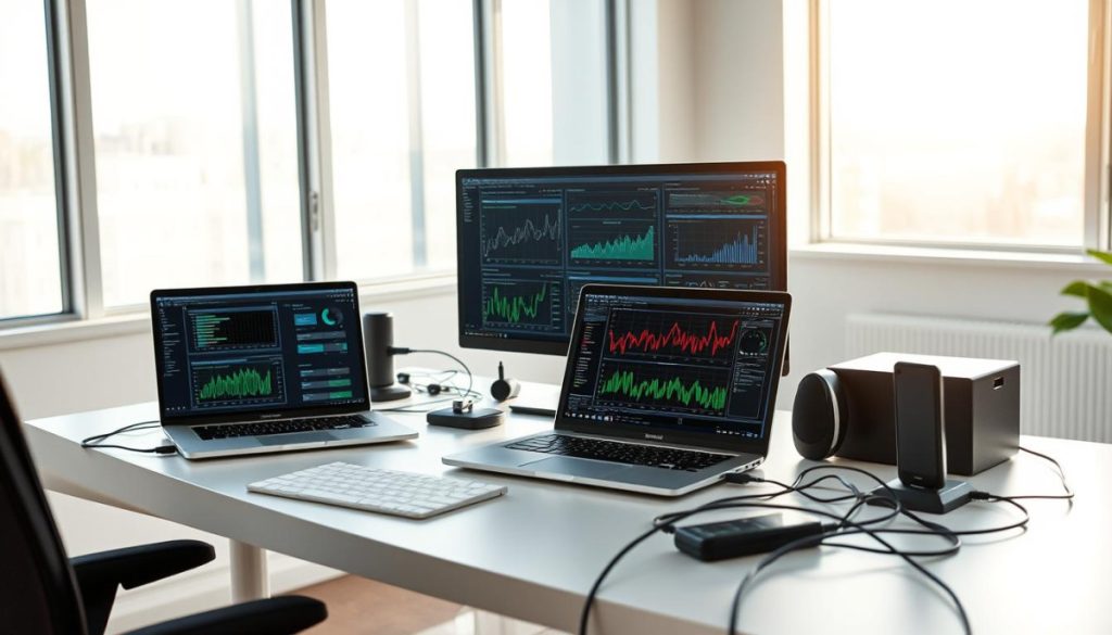 A Sleek And Modern Workspace, Bathed In Soft Natural Light From Large Windows. On The Desk, A Range Of Open-Source Benchmarking Tools - Performance Analysis Software, Profiling Suites, And Stress Testing Utilities - Neatly Arranged. A Laptop Displays Intricate Data Visualizations, While Cables And Peripherals Lend A Sense Of Technical Sophistication. The Room Has A Minimalist, Streamlined Aesthetic, With Subtle Hints Of The Latest Trends In Ui And Ux Design. An Atmosphere Of Productive Efficiency Pervades The Scene, Inviting The Viewer To Imagine The Power Of These Open-Source Tools To Drive Business Growth And Optimization.