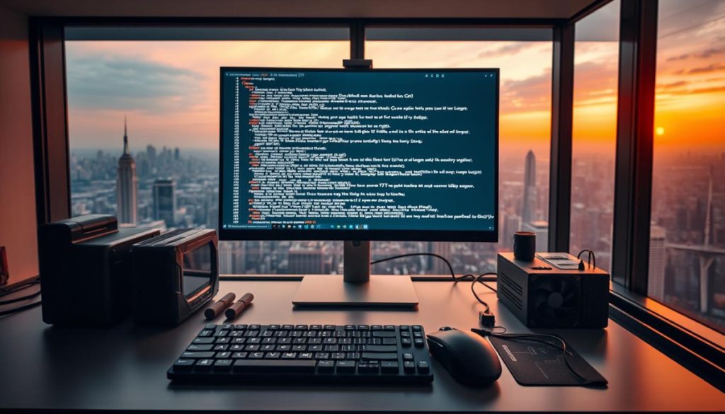 A Sleek And Modern Workspace, With A Large Central Monitor Displaying A Complex Code Optimization Algorithm. In The Foreground, A Keyboard And Mouse, Meticulously Crafted, Convey A Sense Of Precision And Control. The Middle Ground Features Various Hardware Components, Including A High-Performance Gpu And A Cooling System, All Illuminated By A Warm, Subdued Lighting That Creates A Focused And Professional Atmosphere. The Background Showcases A Panoramic Cityscape, Hinting At The Broader Context Of Digital Growth And The Integration Of Cutting-Edge Technology.