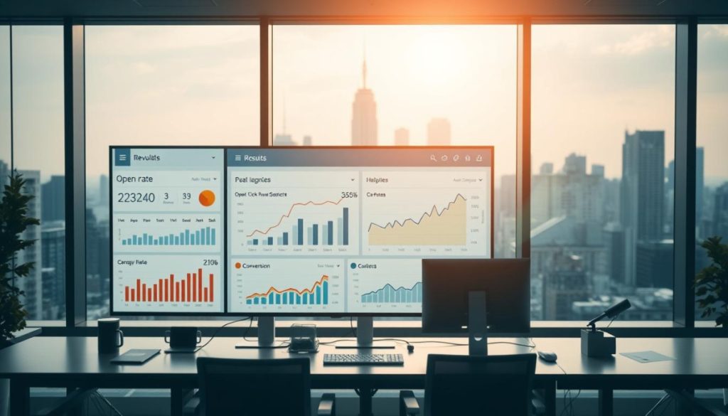 A Sleek, Data-Driven Dashboard Displaying Email Performance Metrics, Illuminated By Soft, Natural Lighting Filtering Through Large Windows. The Foreground Features A Clean, Minimalist Interface With Interactive Charts And Graphs Showcasing Open Rates, Click-Throughs, And Conversion Data. The Middle Ground Depicts Desktop Workstations And Office Accoutrements, Creating A Professional, Corporate Atmosphere. In The Background, A Cityscape Skyline Provides A Muted, Urban Backdrop, Complementing The Analytical, Results-Oriented Theme. The Overall Mood Is One Of Analytical Precision, With A Touch Of Modern Elegance.