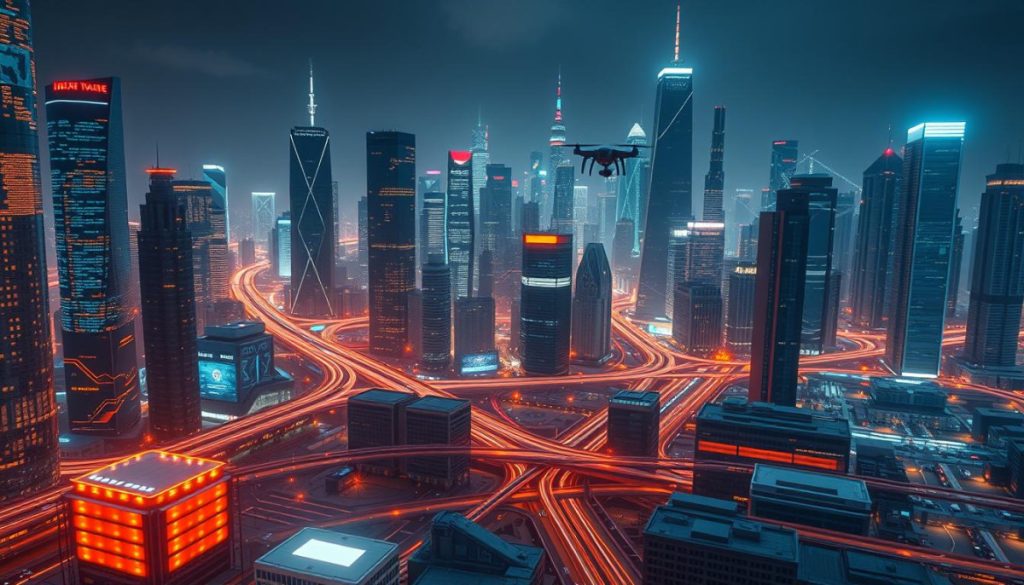 A Sleek, Futuristic Cityscape, Illuminated By The Warm Glow Of Digital Displays And Holographic Projections. In The Foreground, A Network Of Interconnected Data Centers Hum With The Pulse Of Real-Time Analytics, While In The Middle Ground, Autonomous Vehicles And Drones Navigate The Urban Landscape, Gathering And Transmitting Streams Of Information. In The Background, Towering Skyscrapers And Gleaming Infrastructure Symbolize The Integration Of Technology Into Every Aspect Of Modern Life. The Scene Is Bathed In A Cool, Metallic Palette, Conveying The Precision And Efficiency Of A Data-Driven, Digitally Transformed World.
