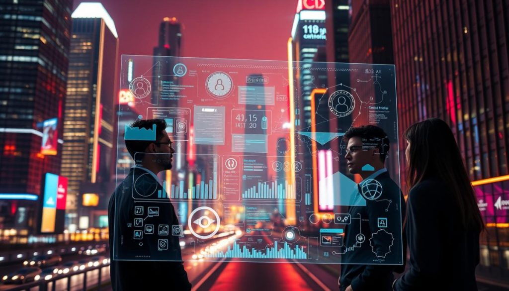 A Sleek, Futuristic Cityscape With Towering Skyscrapers And Neon-Lit Streets. In The Foreground, A Holographic Display Showcases Intricate Ai-Driven Marketing Strategies, With Data Visualizations, Algorithms, And Autonomous Agents Interacting In A Dynamic Ecosystem. The Middle Ground Features A Team Of Digital Marketers Analyzing The Holographic Interface, Their Expressions Reflecting Deep Concentration And Awe. The Background Is Bathed In A Warm, Vibrant Glow, Creating An Atmosphere Of Innovation And Technological Advancement. The Scene Is Captured Through The Lens Of A High-Resolution Camera, With A Cinematic Depth Of Field And Precise Lighting To Accentuate The Futuristic, Data-Driven Nature Of The Ai-Driven Marketing Strategies.