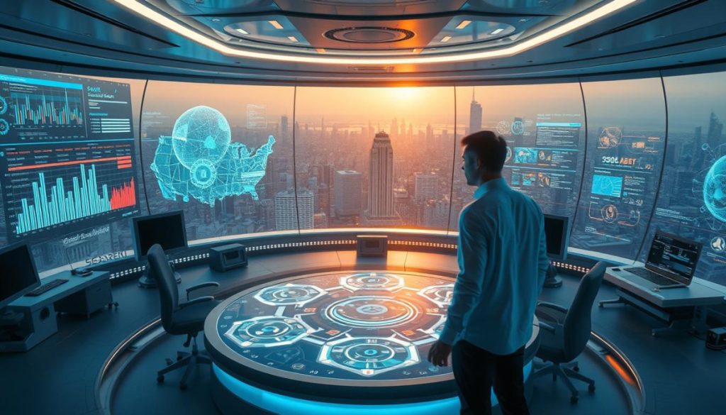 A Sleek, Futuristic Command Center Where Advanced Ai Algorithms Power An Integrated Search Interface. Holographic Displays Project Intricate Data Visualizations, While Intuitive Gestures Manipulate Complex Search Queries. Ambient Lighting Casts A Soft Glow, Creating An Atmosphere Of Technological Sophistication. In The Foreground, A User Seamlessly Navigates The Responsive Interface, Their Movements Precisely Tracked By High-Resolution Sensors. The Middle Ground Features Interconnected Modules, Each Representing A Specialized Ai-Driven Search Capability. The Background Showcases A Sprawling Cityscape, Hinting At The Vast Data Networks And Computational Resources Driving This Cutting-Edge Technology.